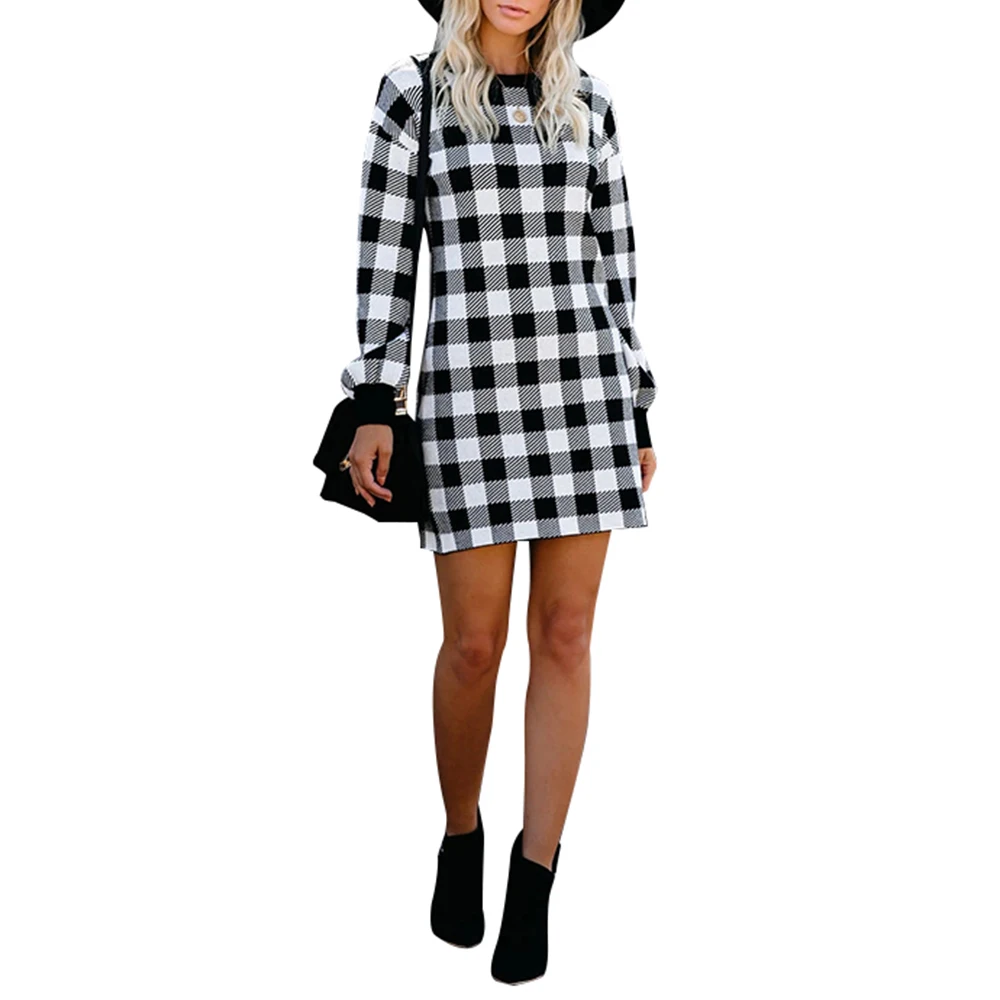 

Sale Women Vintage Scottish Plaid Slim Mini Dress Autumn Long Sleeve female fashion Party Dress Office Lady Dress Vestido D30