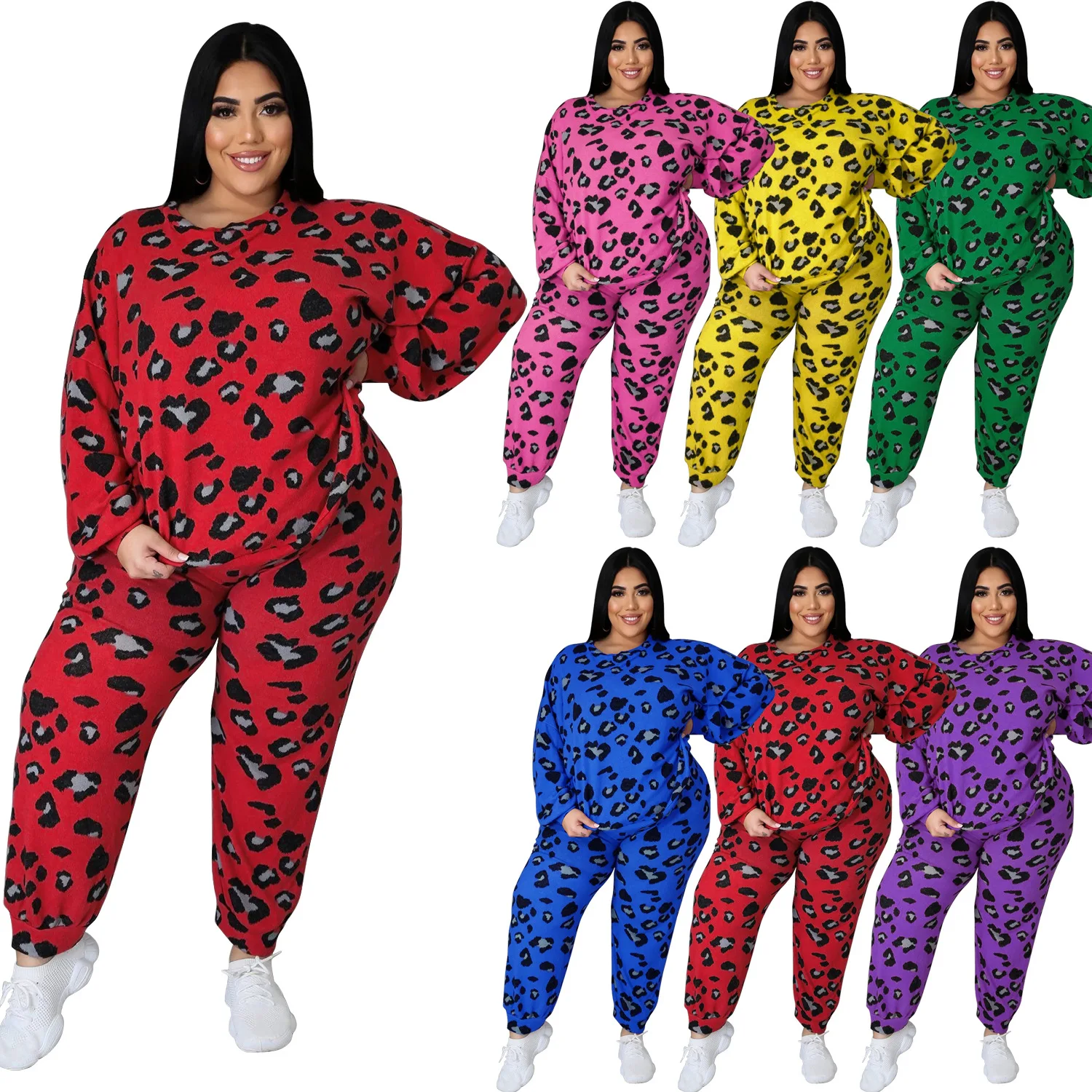 

Женский костюм-двойка с принтом, топ и брюки, весна-осень размера плюс