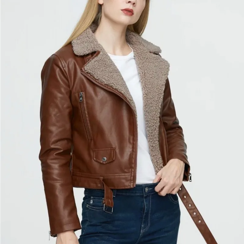 

Зимняя женская куртка байкера с подкладкой из искусственного меха, повседневная короткая приталенная куртка байкера с поясом и воротником ...