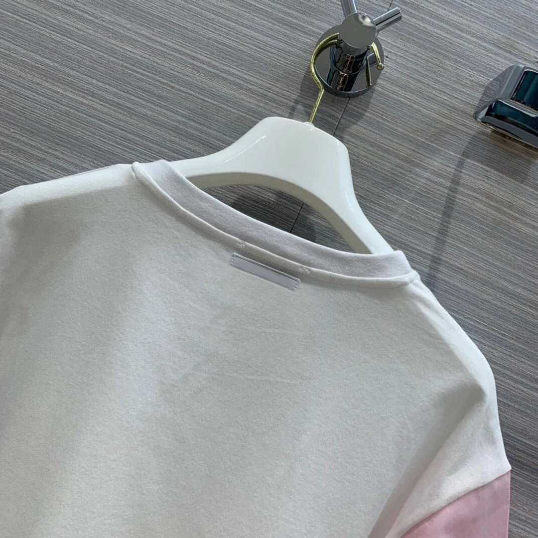 

color block patchwork short sleeve o-neck casual loose t-shirt women new high-end brand summer cotton print chic t shirt