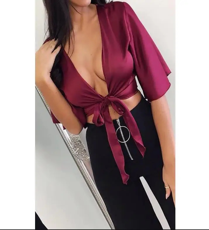 Женская атласная шелковая блузка с узлом женская полурасклешенным рукавом и