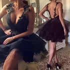 Новинка, черное платье мини для выпускного вечера, сексуальное вечернее платье с открытой спиной, кружевное Тюлевое платье с аппликацией, короткое платье для выпускного вечера