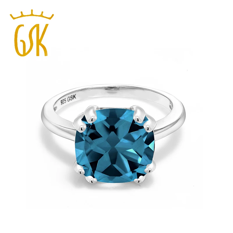 Драгоценный камень 4 35 Ct подушка Лондон Голубой топаз 925 пробы Серебряное кольцо