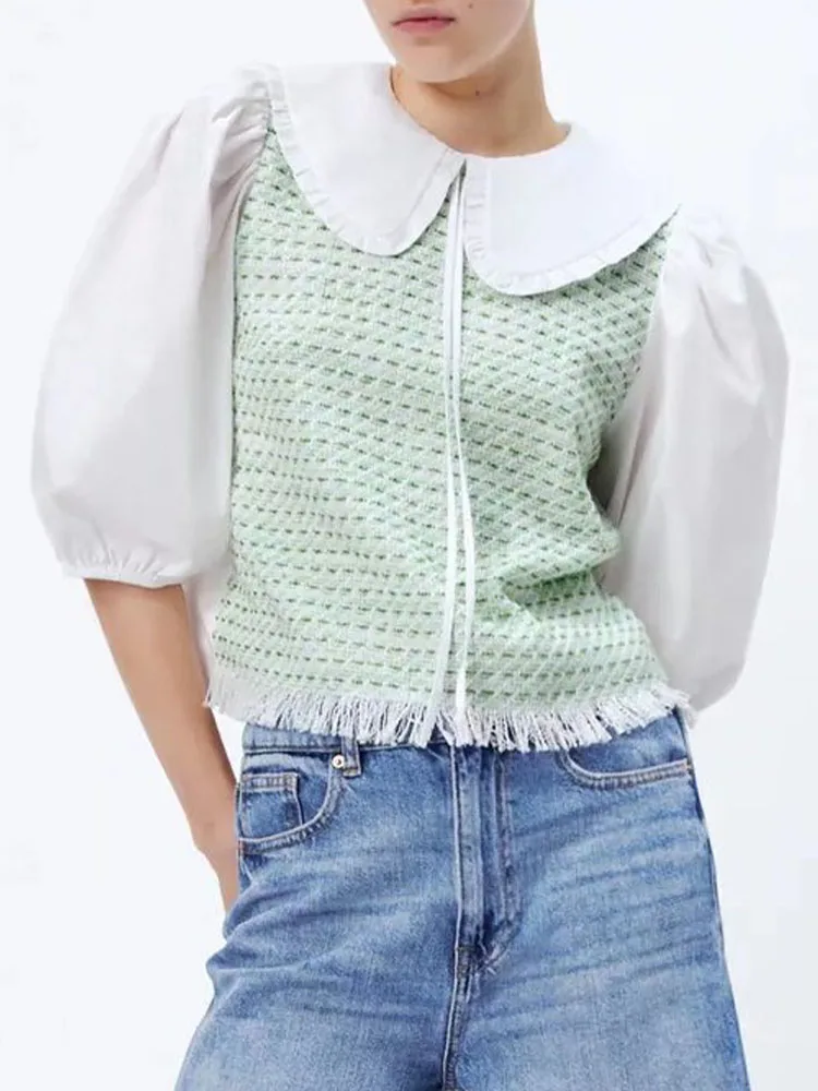 

Новинка Осень-зима, Женская милая и свежая рубашка ZA с кукольным воротником, прошитая свободная текстурная рубашка с рукавом до локтя