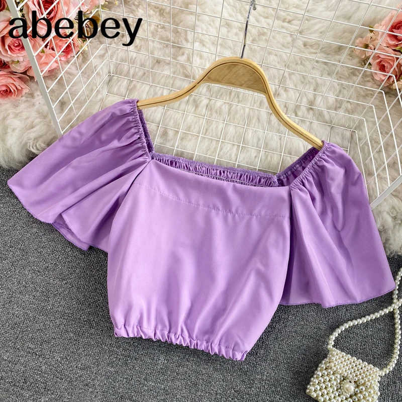 

Блузка женская с цветочным принтом, французская Милая эластичная короткая с рукавами-фонариками, квадратным вырезом и оборками, в стиле бох...