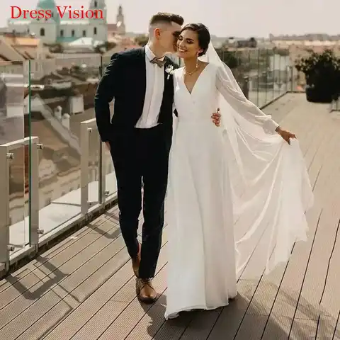 New Style V-neck Chiffon Wedding Dresses Свадебное платье Long Sleeves Robe De Soirée De Mariage Vestido De Noiva Bride Gown