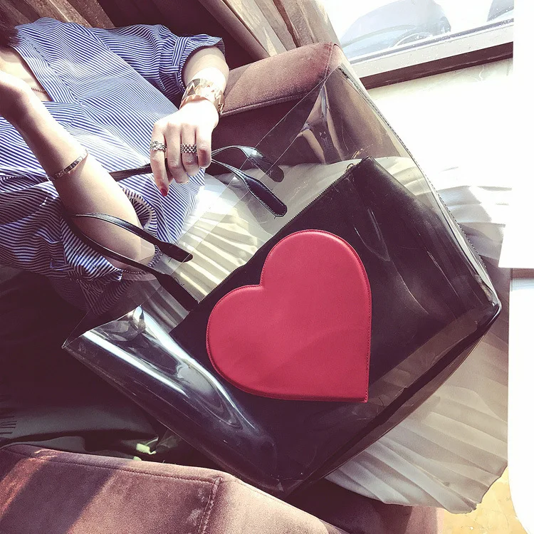 Прозрачная пляжная сумка из ПВХ женская через плечо с милым сердцем хит продаж