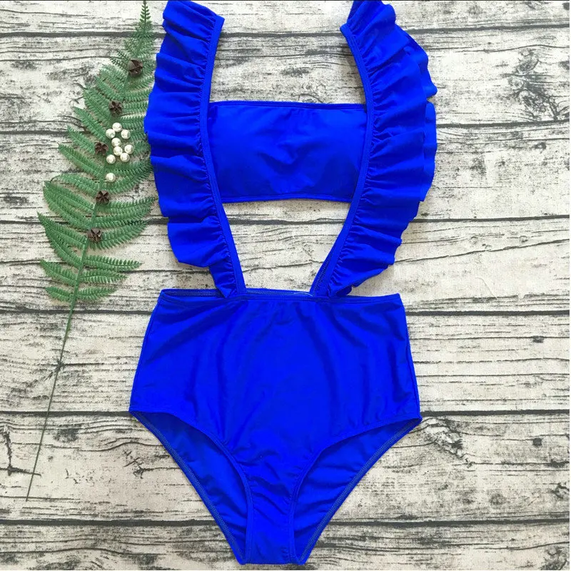

2020 New European American single bikini breast bathing suit with lotus leaf edge female high waist sexy bikini
