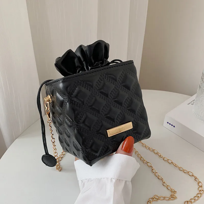 

Drawstring Small Square Bag Embossed Western Style Female Bag Fashion Stereotyped Messenger Chain Bag Shoulder Bucket Bag