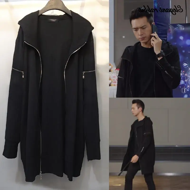 S-6XL, новинка, Мужская одежда, стилист волос, GD Мода, для влюбленных, на молнии, средней длины, Тренч, куртка, костюмы певицы - Цвет: Черный