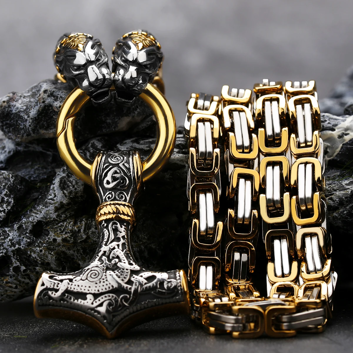 

[316L Stainless Steel] 2021 New Nordic Fashion Domineering Viking Dragon Thor's Hammer Pendant Men's Necklace Jewelry Gift