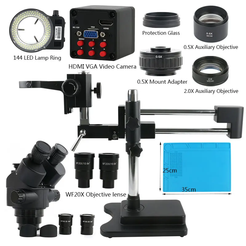 

3.5X-90X Zoom Simul Focal Trinocular Stereo Microscope +Double Boom Stand + Industrial 1080p VGA HDMI Video Camera PCB Soldering