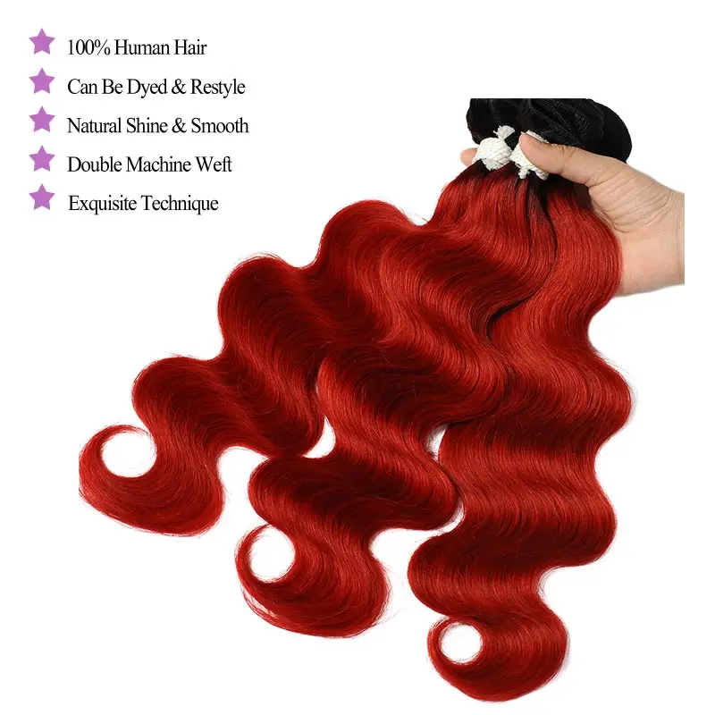 Перуанские человеческие пряди волос с закрытием объемная волна 3 T1B/красный Омбре