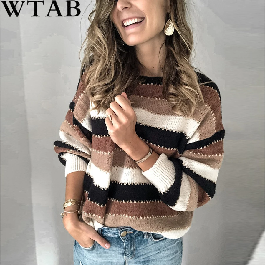 Женский свитер с круглым вырезом WTAB вязаный пуловер в стиле пэчворк длинными