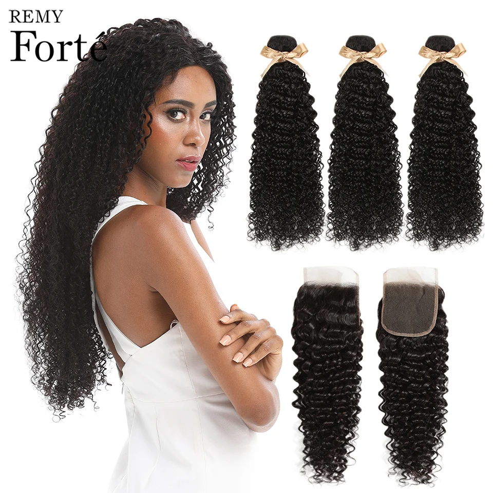 Remy Forte вьющиеся пряди с закрытием бразильские волосы Переплетенные 30 дюймов R5