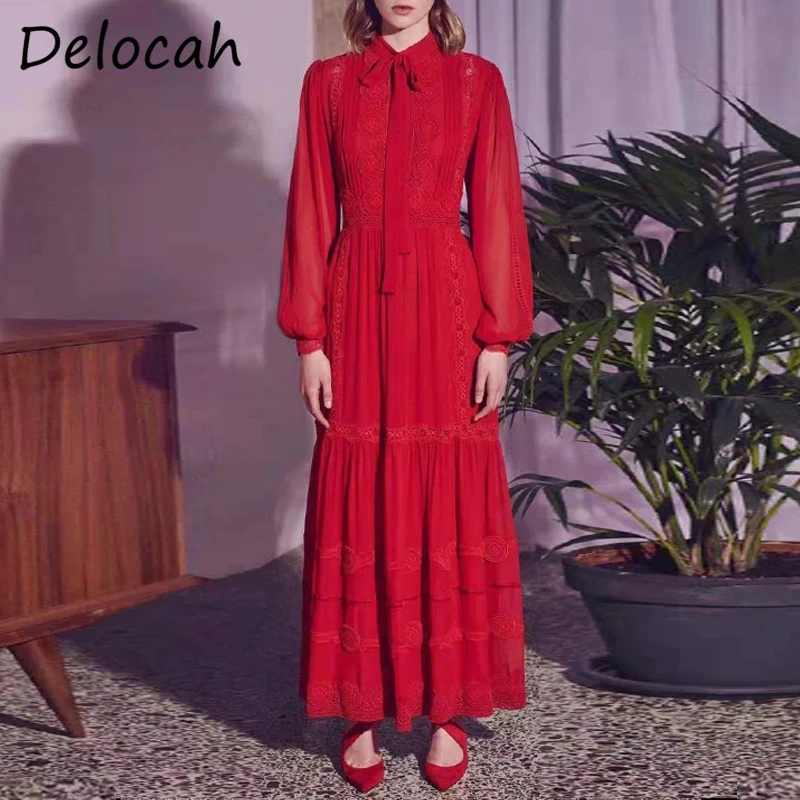 

Женское вечерние нее платье-трапеция Delocah, весеннее однотонное платье с принтом, с рукавом-фонариком и бантом, 2021