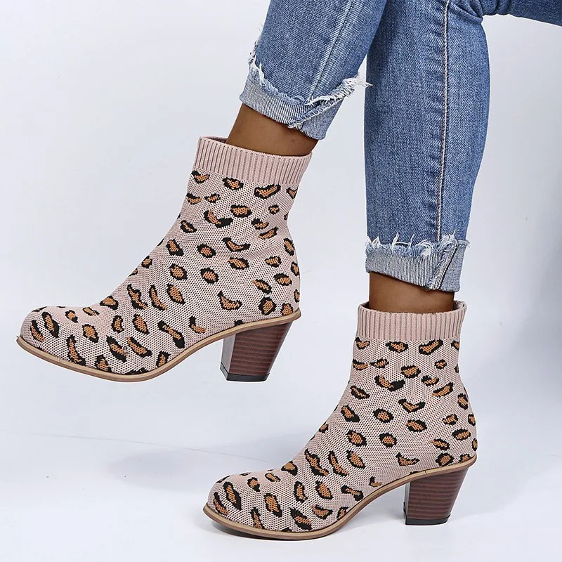 

Women Boots Elastic Mid Heels Leopard Ankle Boots Thick Heels Shoes Autumn Winter Female Socks Boots Large Size Botas Mujers