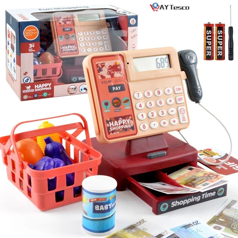 Kids Pretend Play Toys Simulation Supermarket Cash Register with Calculator Fruit Food Role-playing Game Birthday Gift for Girls