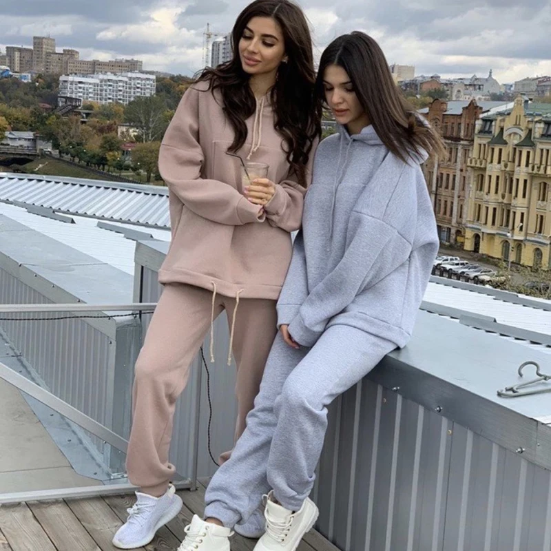 

Solid Casual Tracksuit Women Fleece Suit 2 Pieces Sets Hoodies Sweatshirt And Pants Sweatshirts Pullover Hoodies Suits