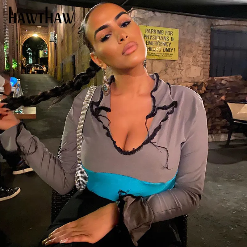 Женская футболка с длинным рукавом Hawthaw белая v образным вырезом и отложным