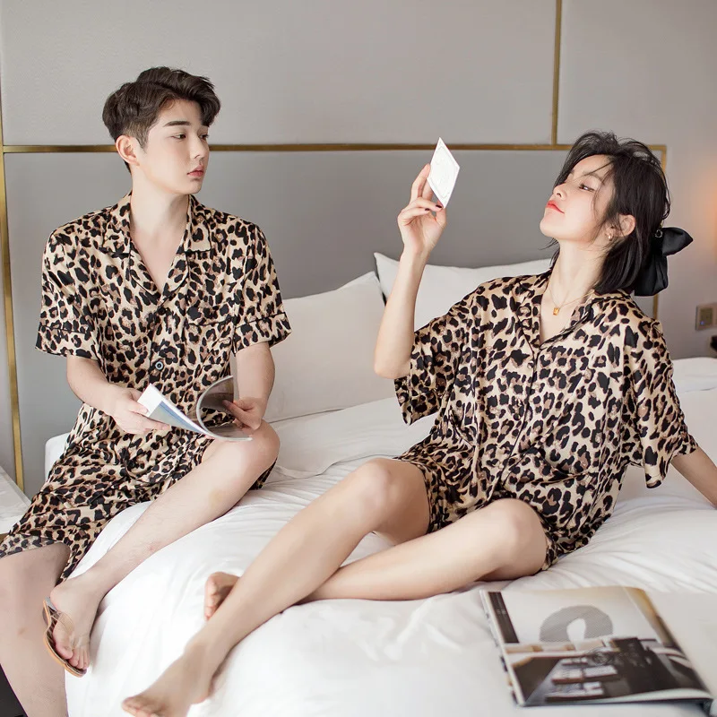 

New Sexy Leopard Print Couple Pajamas Ice Silk Large Size Men's Home Service Short-sleeved Shorts Suit Thin Section