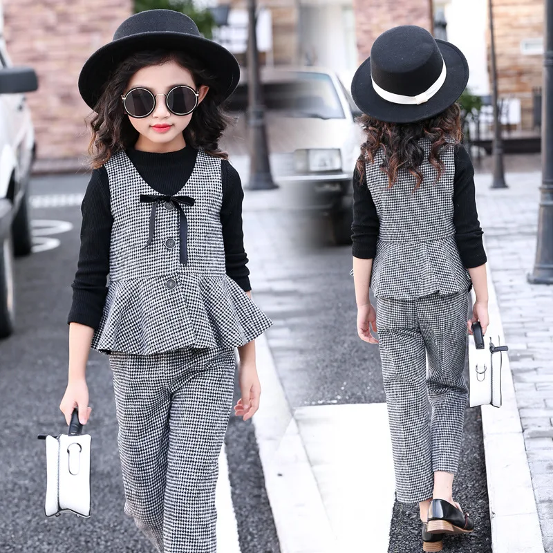 Детская одежда весенне-осенний клетчатый жилет футболка и брюки модный костюм