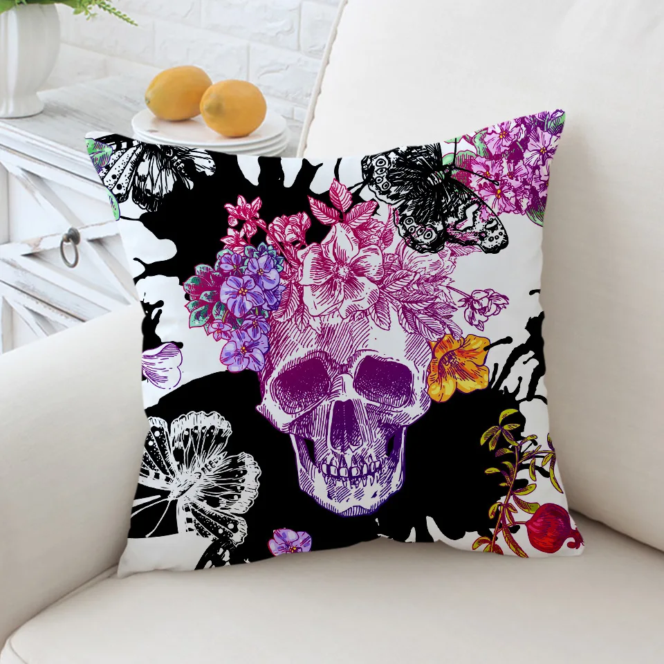 Наволочка в стиле ретро с изображением черепа скейтборда бабочки разноцветная