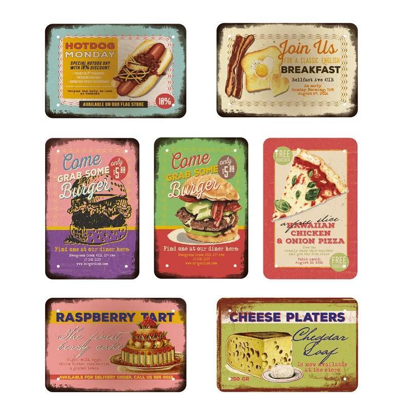 

Burger/Pizza/Coffee/Hot Dog/Cheese Vintage Metal Signs Retro Plaque Wall Cafe Snack Bar House Decor Billboard Old Poster