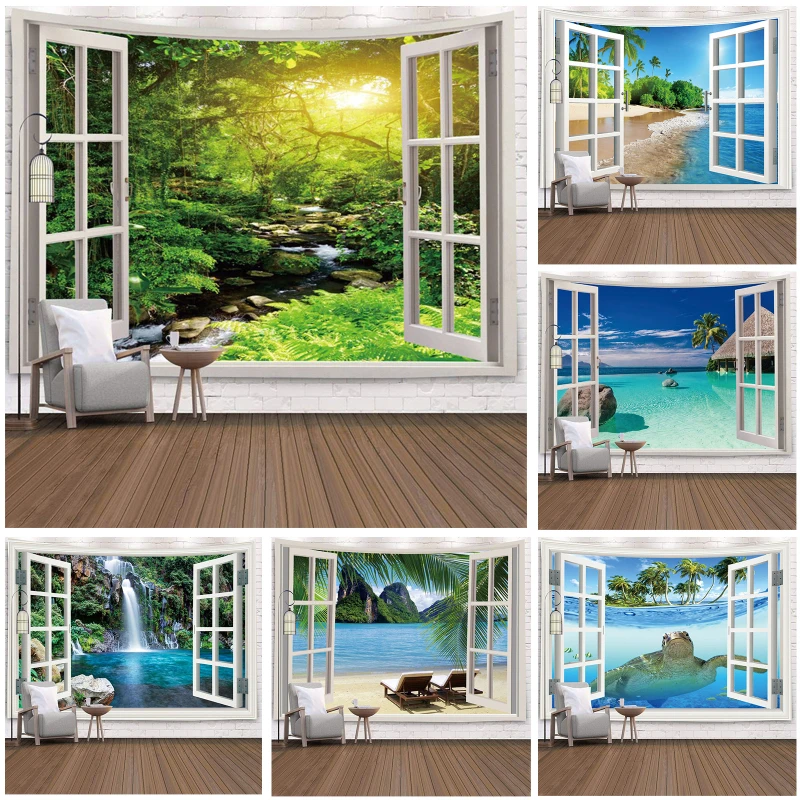 

Fuwatacchi Window Outside Sea Scenery Printed Tapestries Nordic Style Wall Hanging Tapestry For Home Decor Oil Painting Blankets