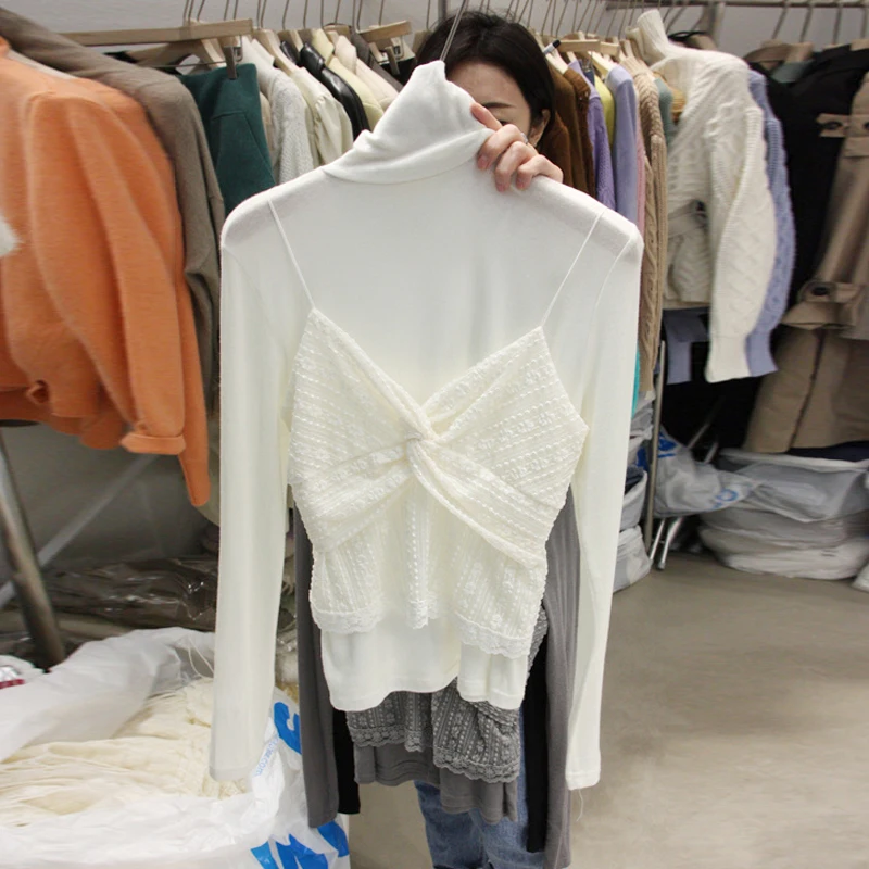 

2021 spring new temperament turtle neck long sleeve T-shirt kink render small condole two-piece women