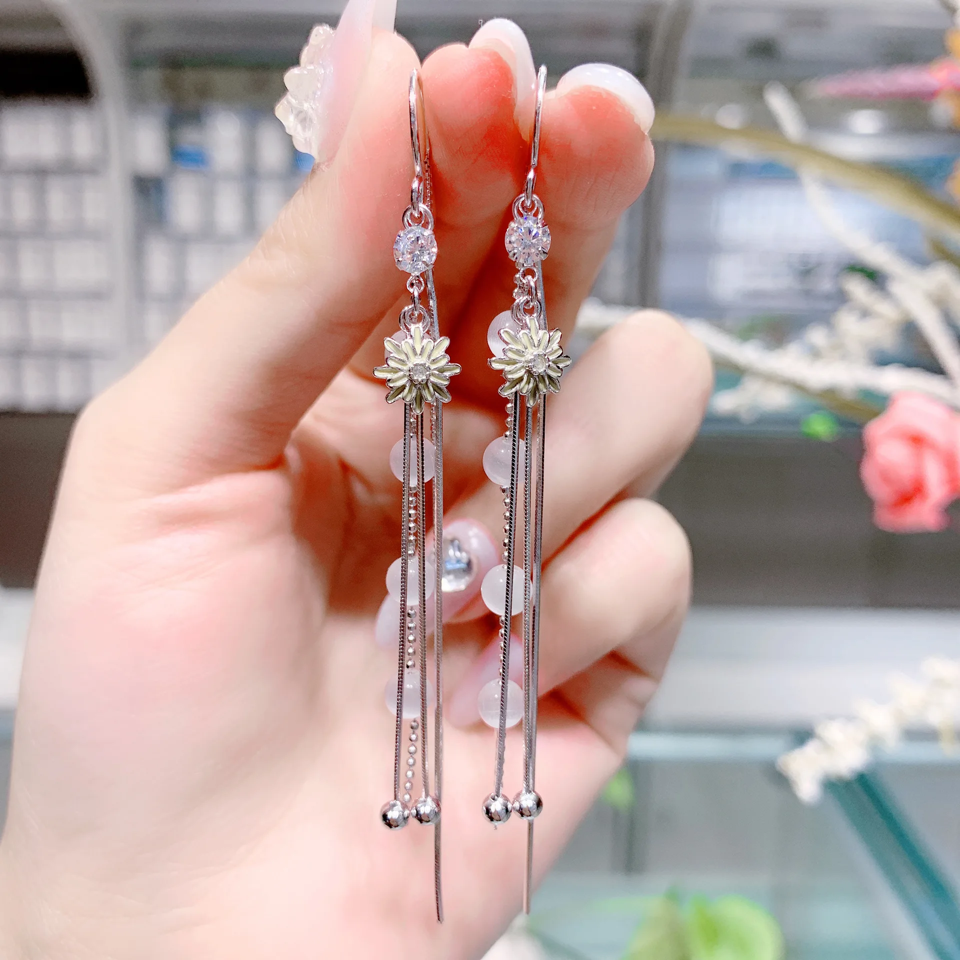 

Viwisfy Flower Crystal Opal Beads Long 100% Real 925 Sterling Silver Drop Earrings For Women VW21363