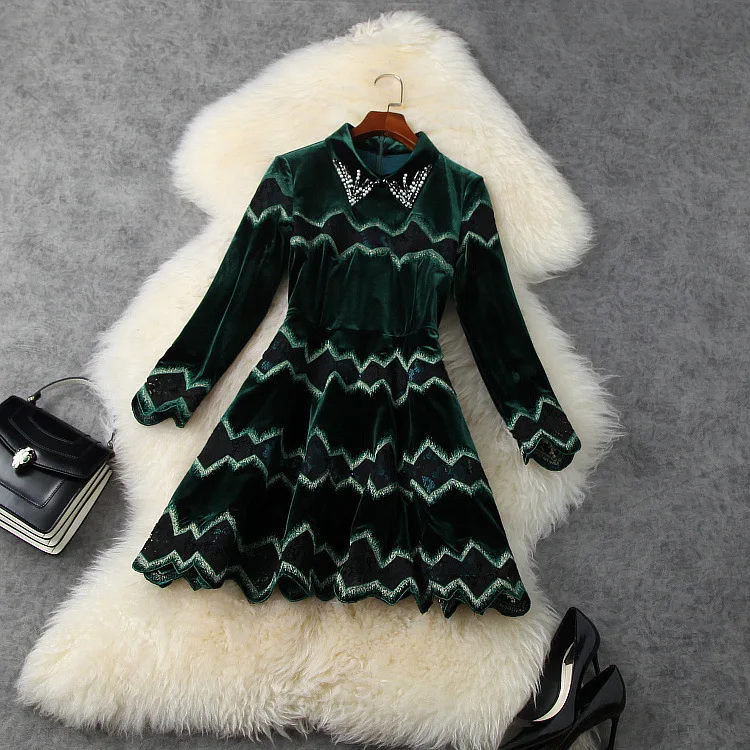 

Women girls luxury pearls beading embroidery dress long sleeve patchwork glitter lace birthday mini sexy dresses green