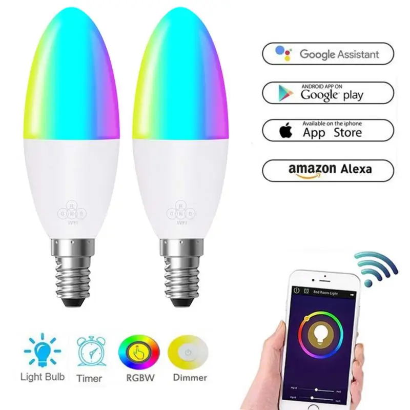 

LED Lamp Smart WiFi Candle Bulb Dimmable 6W RGB+W Led Light Bulb Support Amazon/Google Home/IFTTT Remote Voice Control