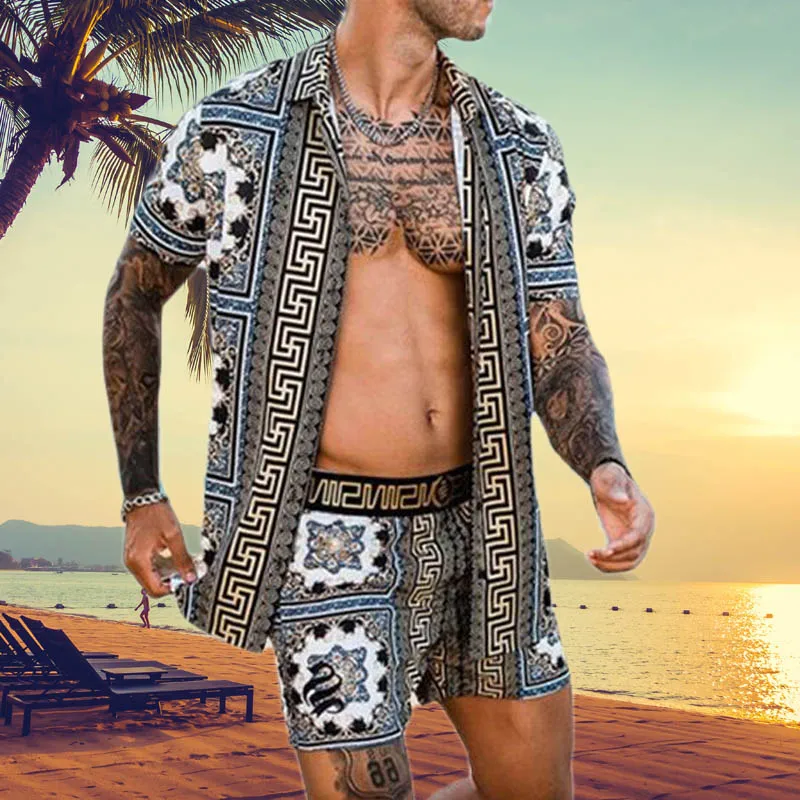 

Summer Men Short Sleeve Button Shirt Beach Shorts Hawaiian Sets Printing 2021 Streetwear Casual Floral Mens Suit 2 Pieces M-3XL