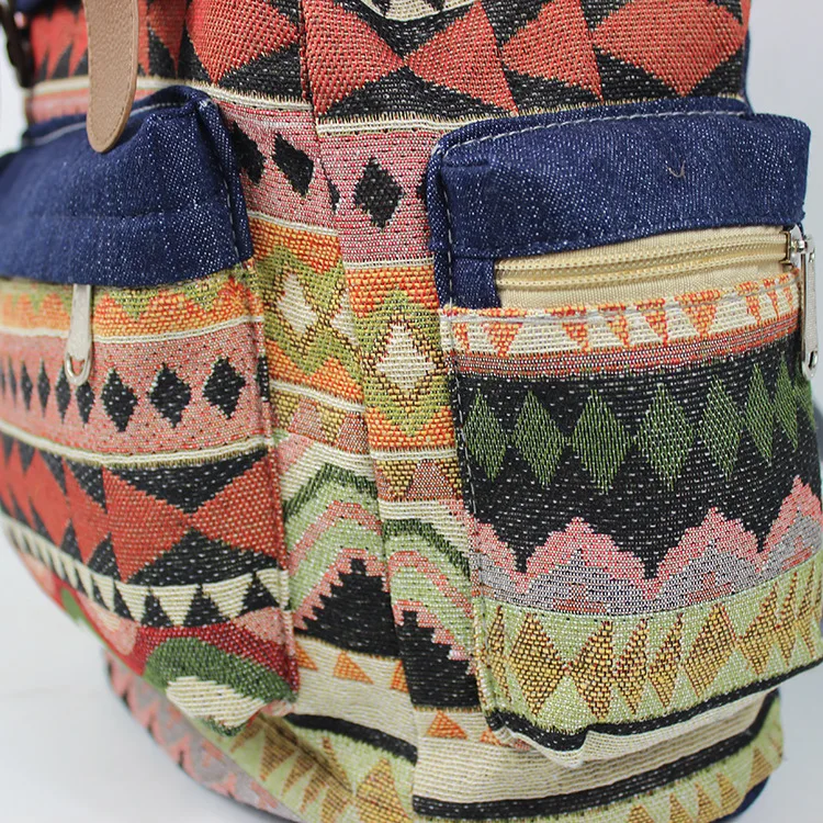 Этнический женский рюкзак путешествий из денима с кулиской на плечо для студентов школы "Plecaki Szkolne Backpack School" из холста.