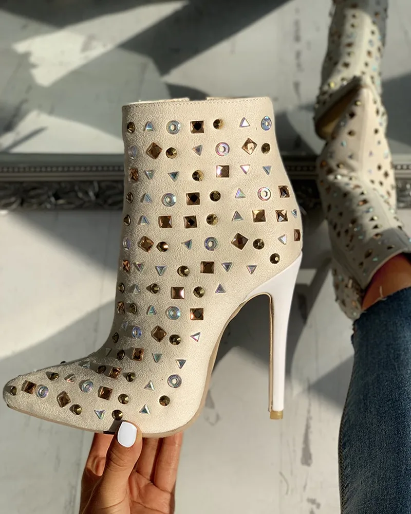 

Female Ankle Boots Thin Heels Pointed Toe Zip Rivets Office Lady Sexy 2020 New Arrivals Hot Sale 34-43 Women Shoes