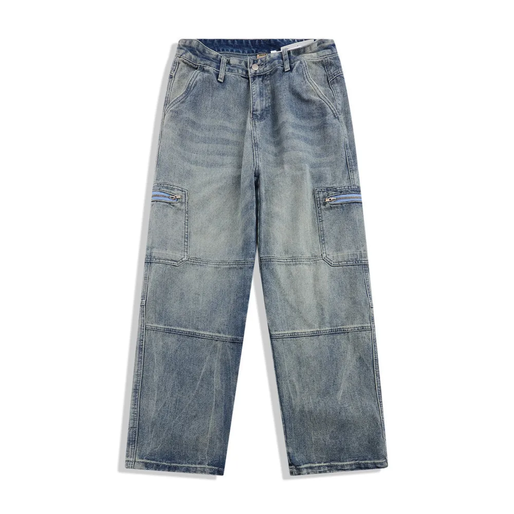 

Solid Color Multi Pockets Washed Distressed Jeans Men Fashion Brand Streetwear Loose Wide Leg Pants Casual Straight Long Pants