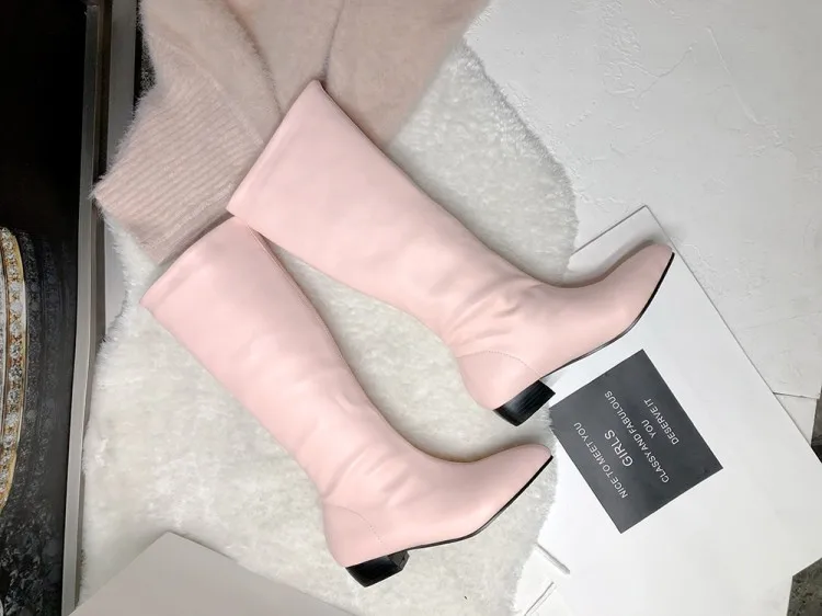 ZawsThia winter autumn yellow purple pink woman boots pointed toe low square heels mid-calf boots for women big size 34-48