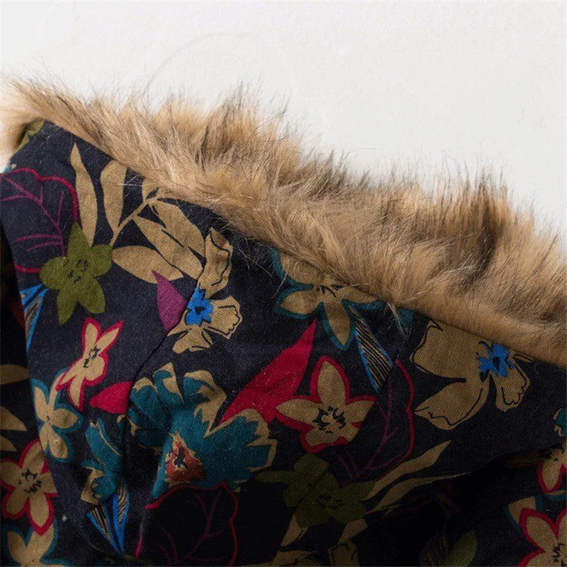 Winter Vintage Ethnic Style Women Floral Cotton-Padded Coat Long Thick Large Fur Collar Loose Hooded Padded Jacket images - 6
