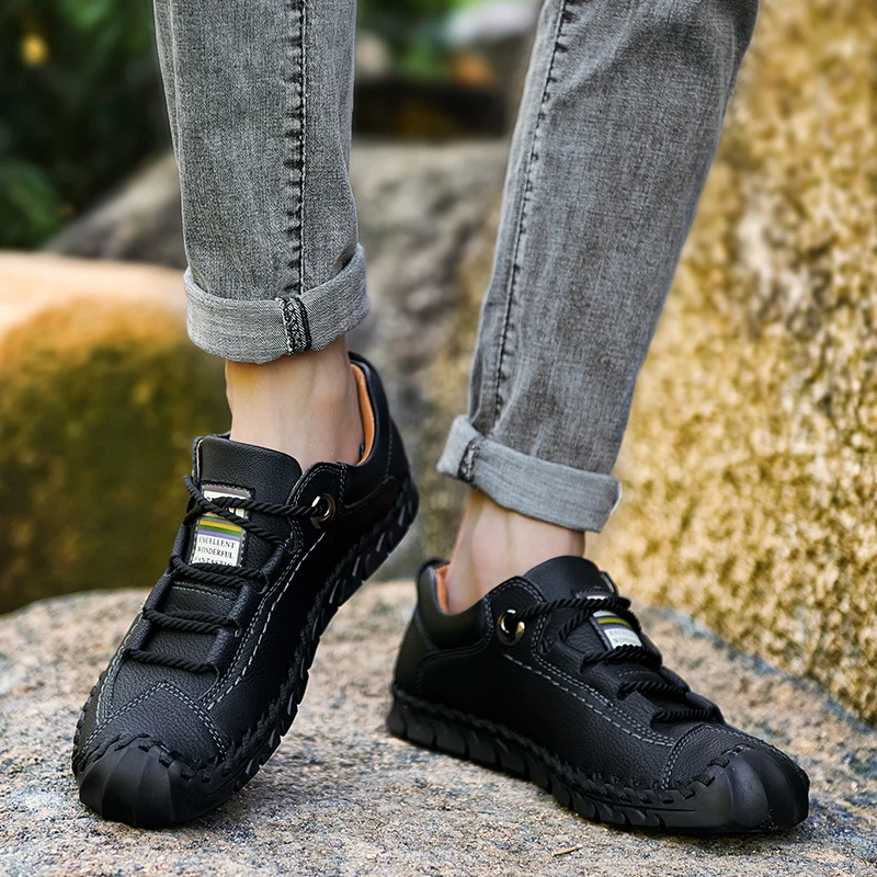 Beli Sepatu Pria Sepatu Kasual Kerja Luar Ruangan Sepatu Kulit Buatan Tangan Kulit Beku Rendah Atas Ukuran Besar Hiking Sepeda Gunung Jahit *