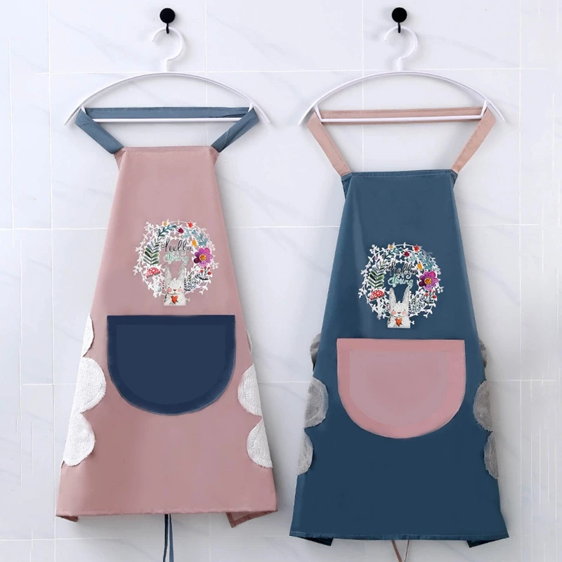 

Kitchen Wipeable Apron Waterproof Oil-Proof Cartoon Wreath Rabbit Nail Shop Aprons for Women Baking Cooking Hanging Neck Apron