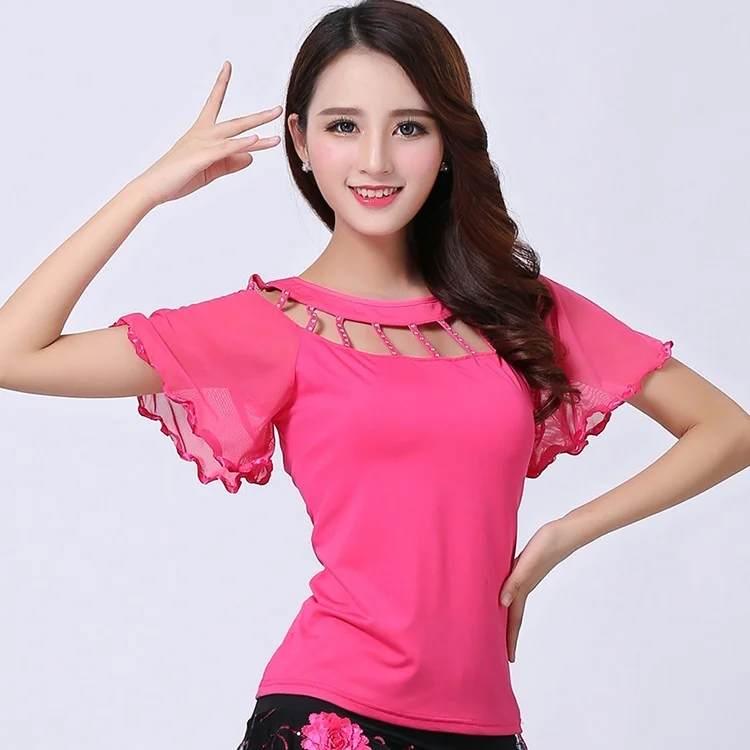 Women Latin Dance Blouse T-shirt Top Ballroom Dancewear Salsa Tango Diamond Flare Sleeve Practice 904-B135 | Женская одежда