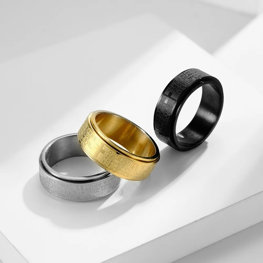 

8MM Retro Bible Text Stainless Steel Cross Ring For Men Women Fashion Simple Rotatable Christian Ring Amulet Jewelry Gift