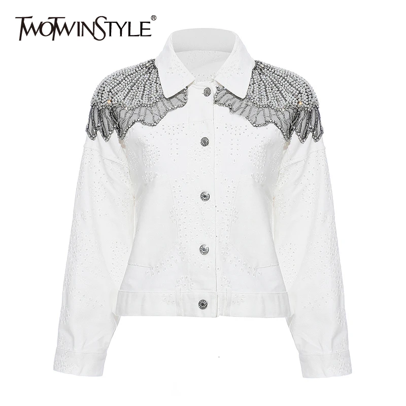 TWOTWINSTYLE белые женские пальто с вышивкой из кусков бисером воротник лацканами