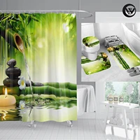 3pcs bathroom curtain printed toilet rugs home decor bamboo nature polyester shower curtain with 12 hooks anti slip bath mat set