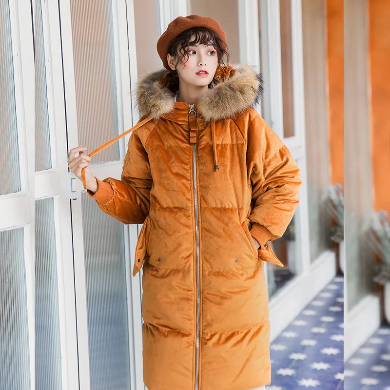 Модные Длинные пуховики с большим меховым воротником женские золотые бархатные