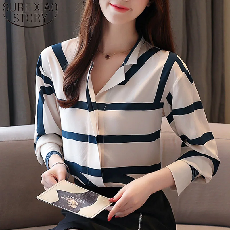 

Blusas Mujer De Moda 2021 Ladies Tops Chiffon Blouse Long Sleeve Button V-neck Striped Womens Tops And Blouses Female 5364 50