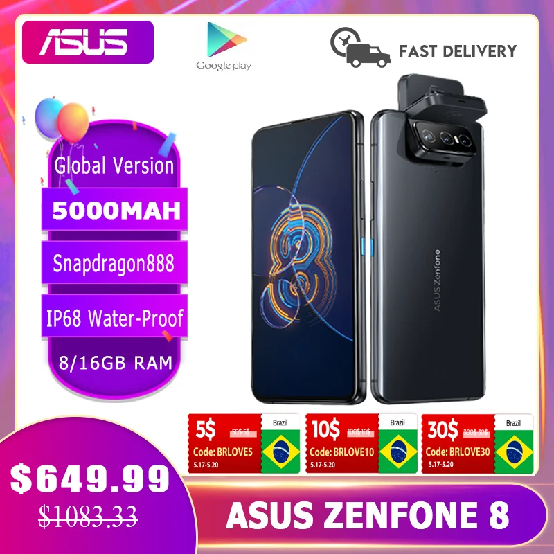 Original ASUS Zenfone 8 Flip Global Version Snapdragon 888 8GB RAM 128/256GB ROM 6.67'' 1080p 5000mAh Android OTA 5G Cellphone