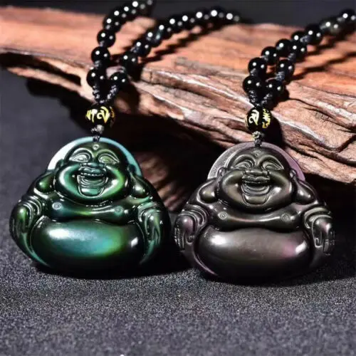 

Natural Rainbow Eyes Obsidian Quartz Crystal Buddha Vairocana Pendant+Necklace