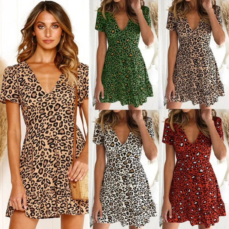 

Sexy Leopard Print Dress Summer V-neck High-waist Women's Skirt Short-sleeved A-line Skirt Commuter Style Hedging Skirt